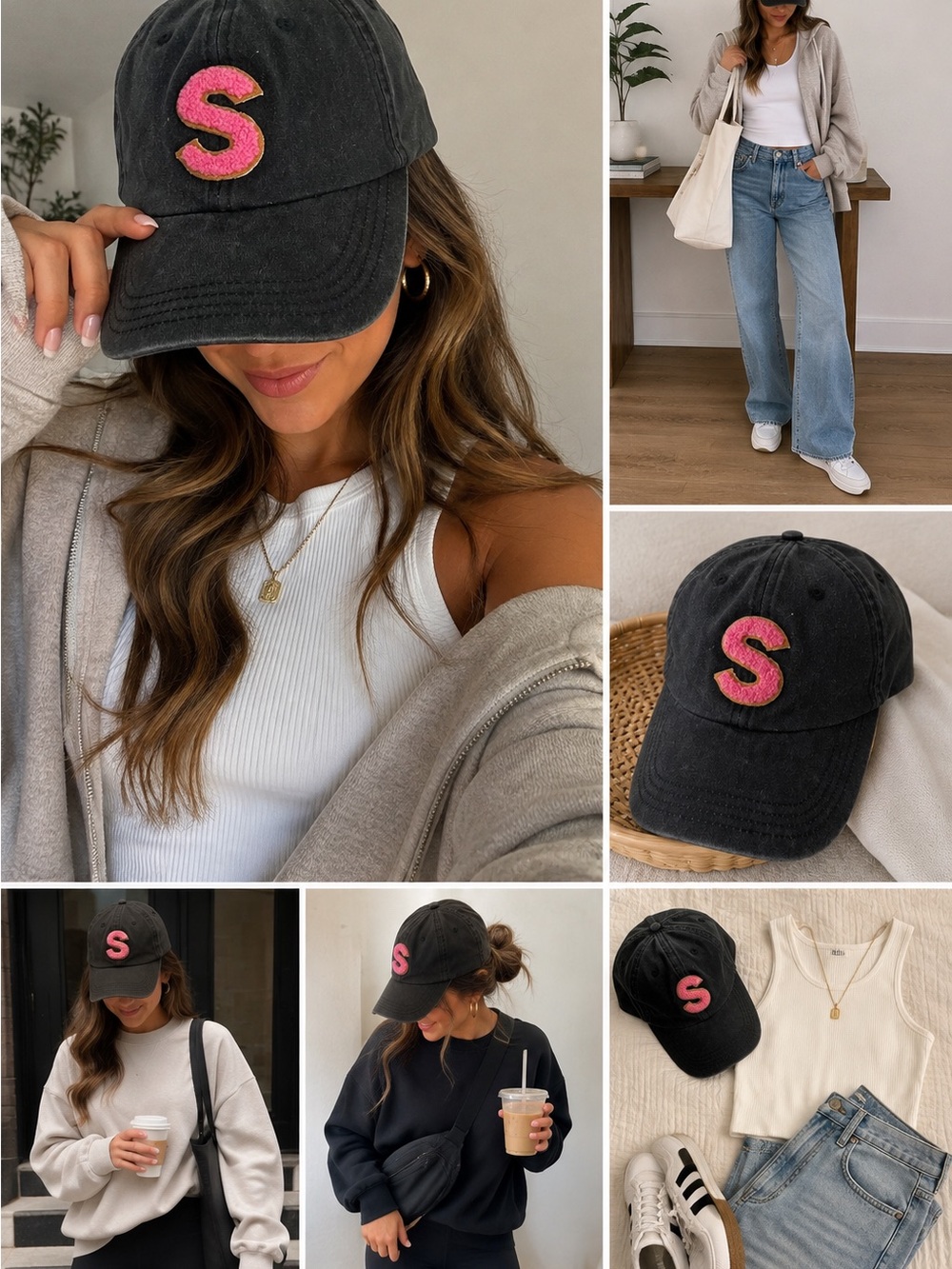 Washed Black Baseball Cap with Pink 'S' Patch - Women Accessories